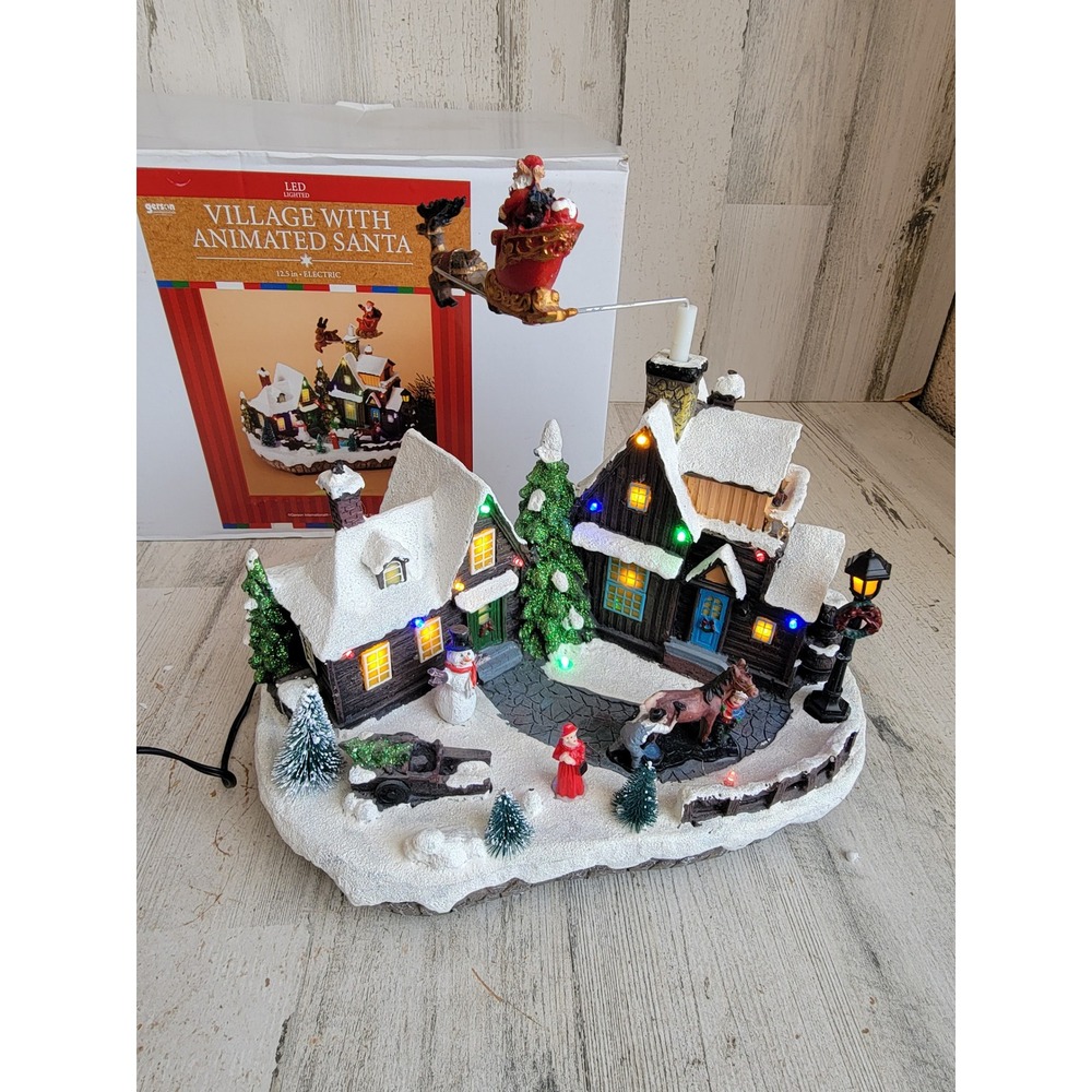 Gerson animated Xmas village Santa Claus reindeer unique table top